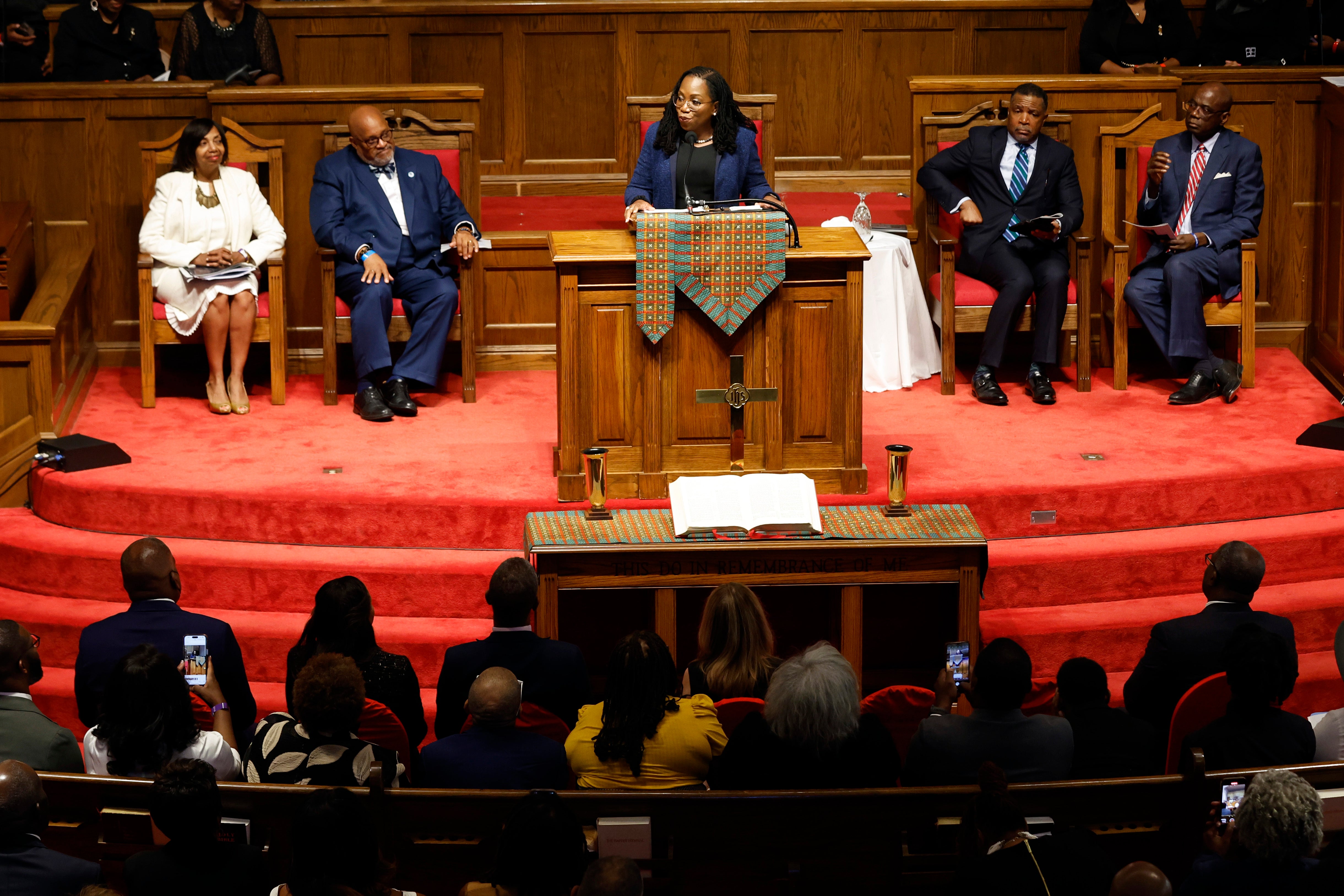 US Supreme Court Justice Ketanji Brown Jackson addresses an audience at 16th Street Baptist Church in Birmingham, Alabama, on 15 September to commemorate the 60th anniversary of a Ku Klux Klan bombing that killed four Black children.