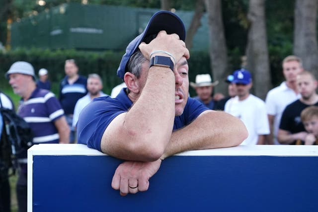 Rory McIlroy reacts at the long wait on the 18th tee on day two of the BMW PGA Championship (Zac Goodwin/PA)