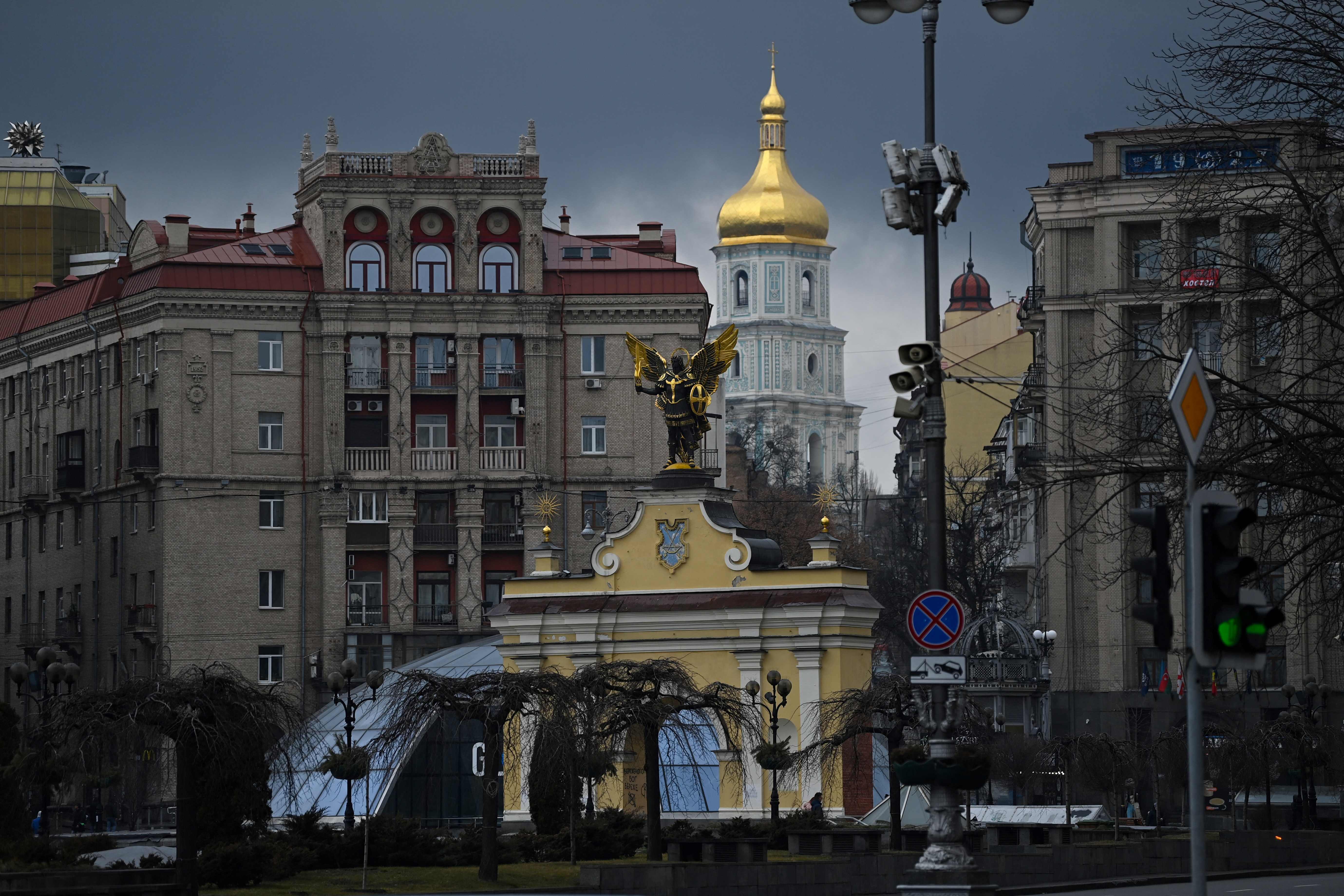 The bell tower of Saint Sophia Cathedral shines in central Kyiv