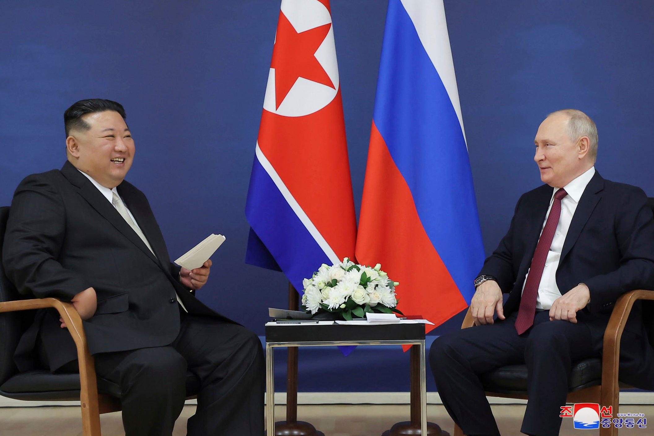 North Korean leader Kim Jong-un, and Russian president Vladimir Putin talk at the Vostochny cosmodrome outside the city of Tsiolkovsky, about 200 kilometers (125 miles) from the city of Blagoveshchensk in the far eastern Amur region, Russia, on 13 September 2023