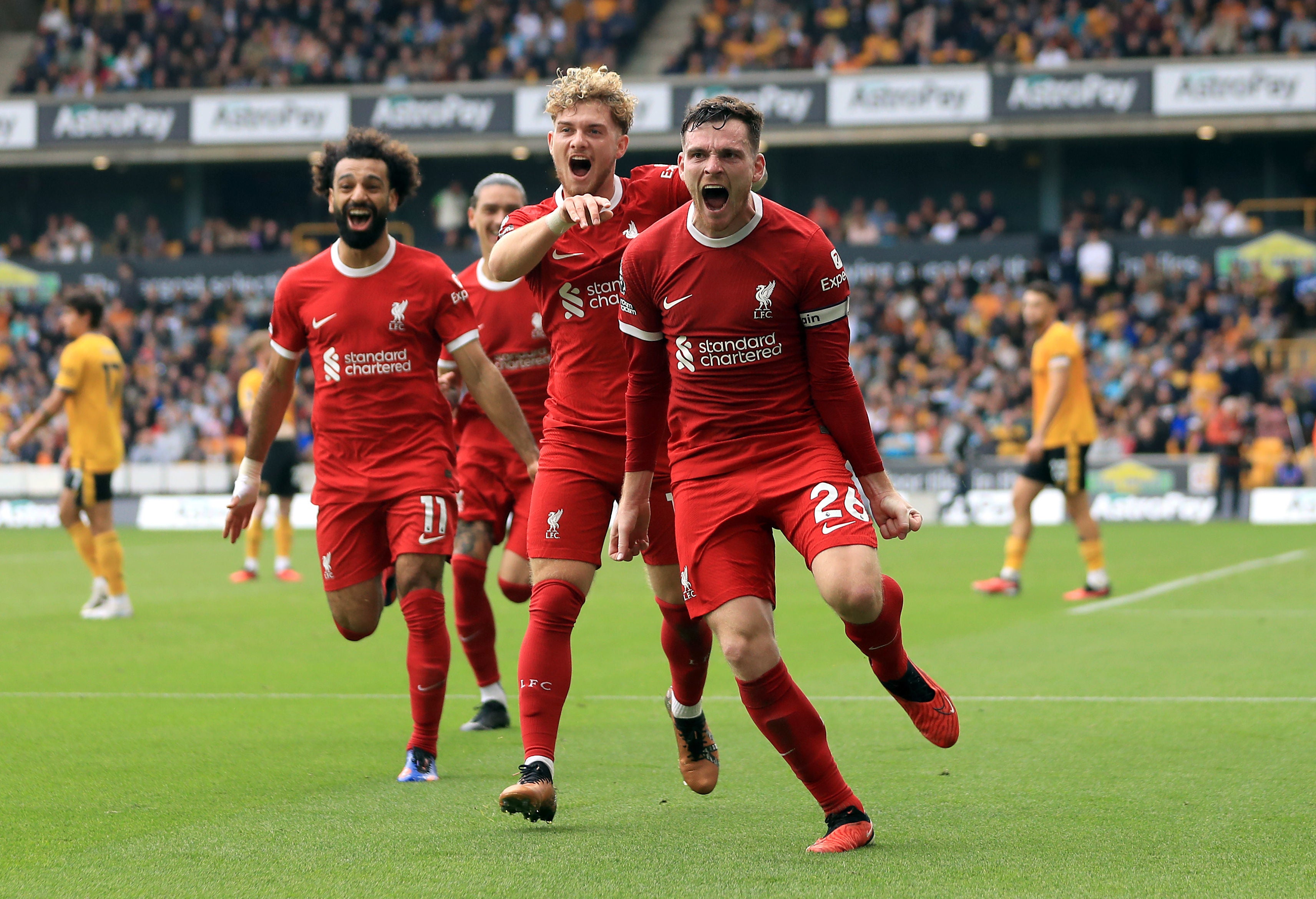 <p>Andy Robertson celebrates after scoring Liverpool’s second goal</p>