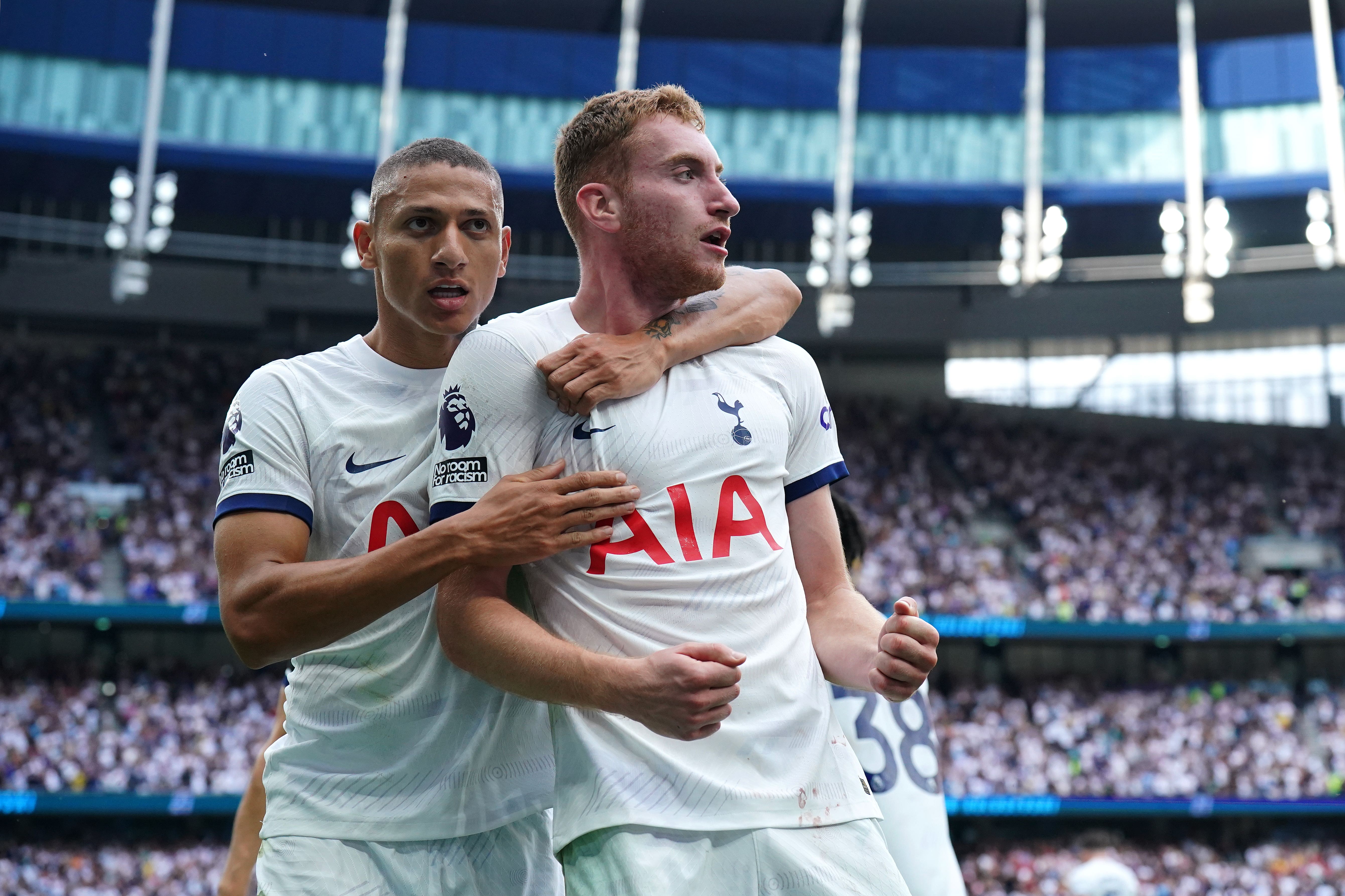 Dejan Kulusevski, right, and Richarlison helped Tottenham snatch victory from the jaws of defeat (Jonathan Brady/PA)