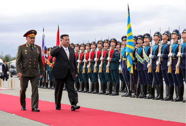 <p>File. Sergei Shoigu with North Korean leader Kim Jong Un in Vladivostok, Russia, on 16 September 2023</p>