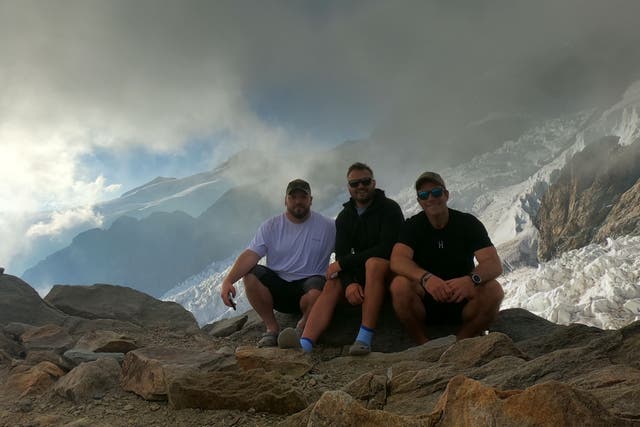 Greg Bateman (left), Phil Dollman (middle), and Kai Horstmann (right) scaled Gran Paradiso and Monte Rosa in the Alpine region in aid of LooseHeadz (Greg Bateman/PA)