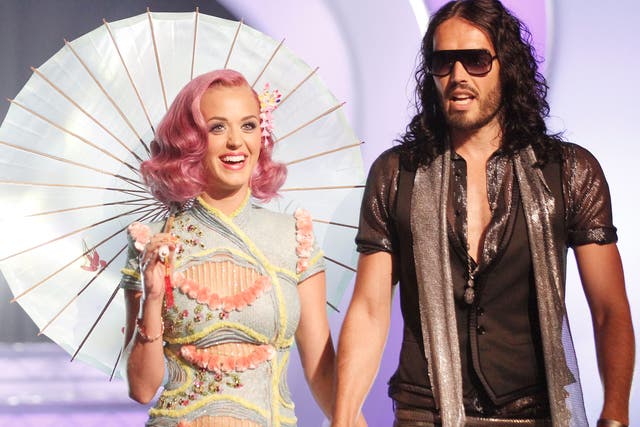 <p>Katy Perry with then-husband Russell Brand at the 2011 MTV VMAs</p>