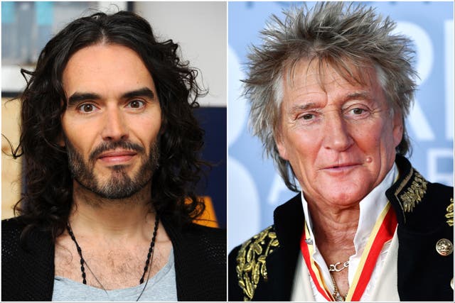 <p>Russell Brand and Rod Stewart</p>