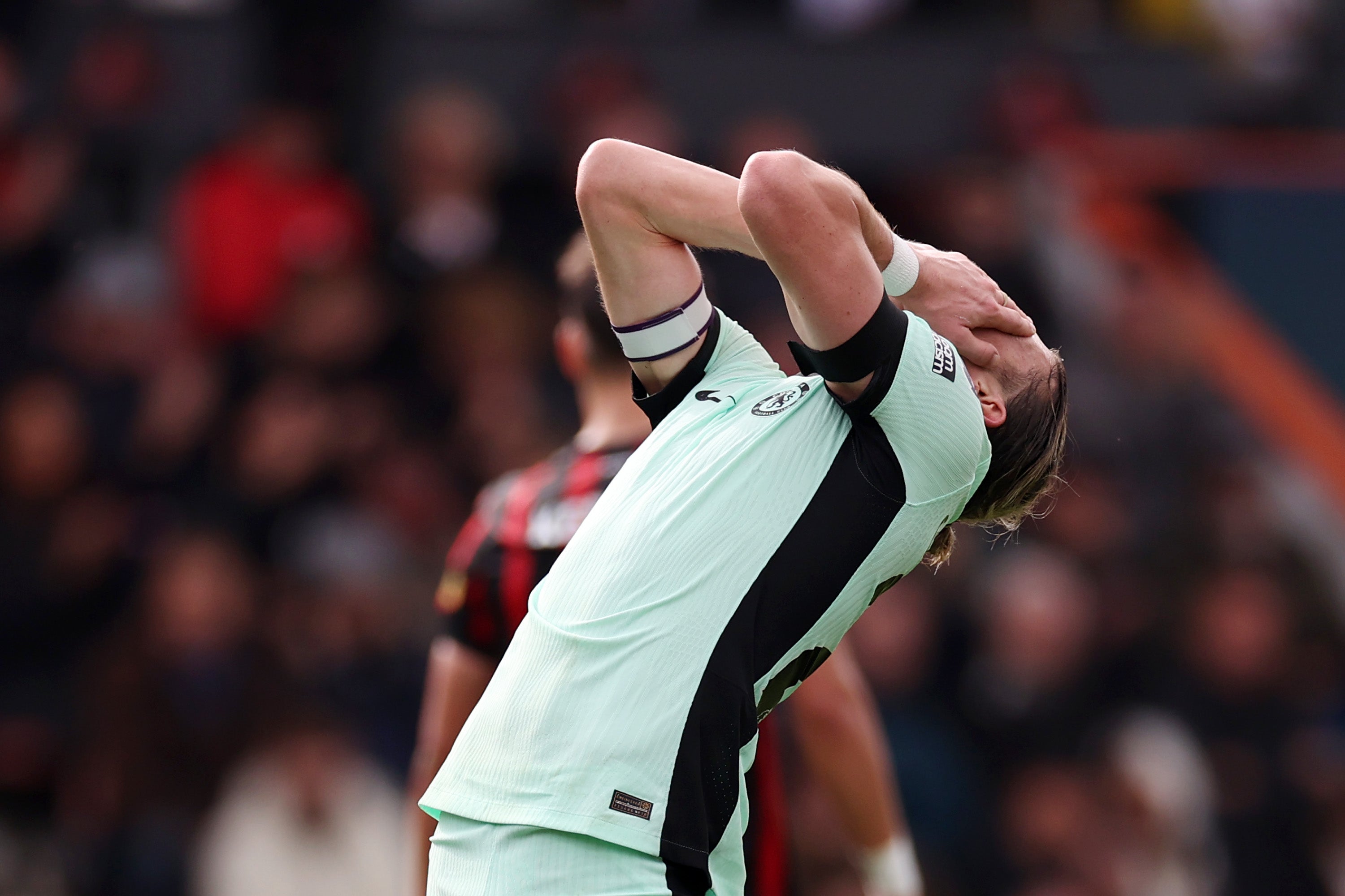 <p>Conor Gallagher shows his frustration as Chelsea are held to a goalless draw on the south coast </p>