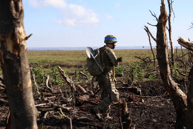<p>A Ukrainian serviceman walks through broken trees at the frontline a few kilometers from Andriivka</p>