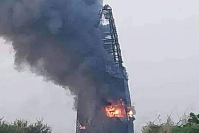 <p>This picture taken on17 September 2023 shows a raging fire at the Greater Nile Petroleum Oil Company Tower in Khartoum</p>