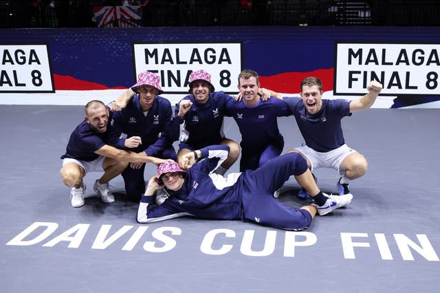 <p>Andy Murray and Jack Draper celebrate with team-mates after Great Britain’s victory  </p>