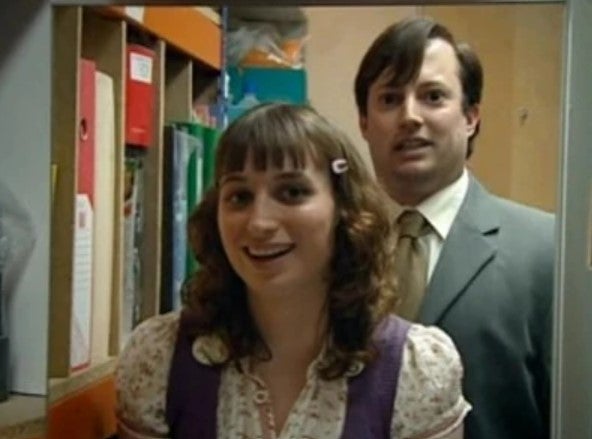 Dobby (Isy Suttie) and Mark (David Mitchell) in the stationary cupboard in ‘Peep Show’