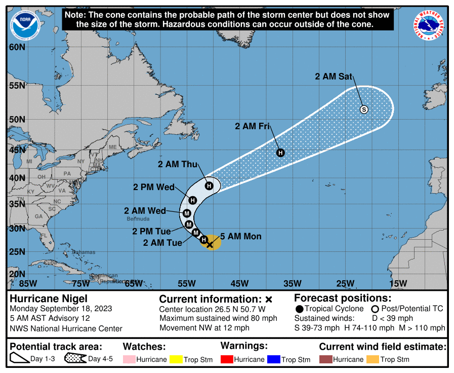 Hurricane Nigel’s potential path, according to the National Hurricane Center