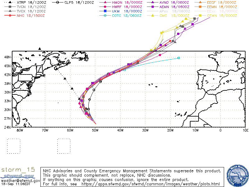 The predicted spaghetti model of Hurricane Nigel in the Atlantic Ocean. The storm will most likely veer off into the middle of the Atlantic on Wednesday