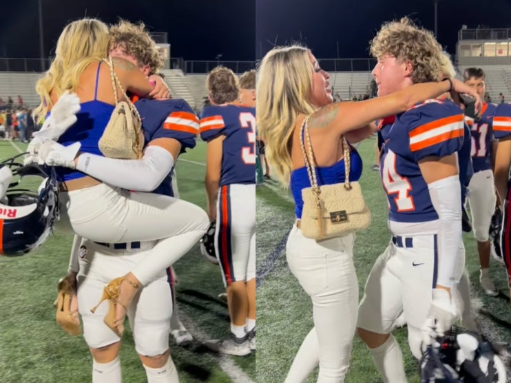 Mother responds to backlash over viral image of her hugging teenage son at his football game The Independent image