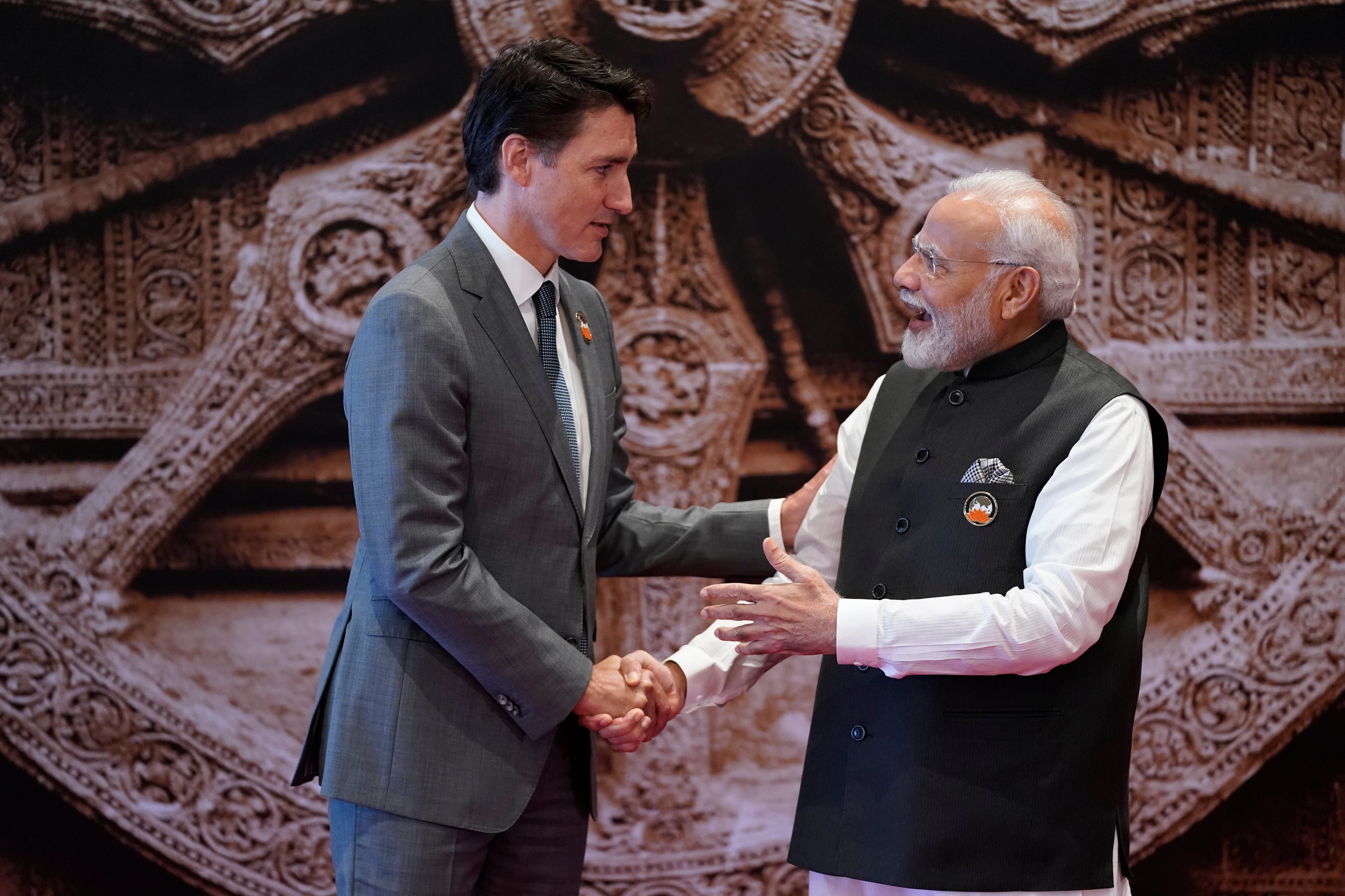 <p>Indian prime minister Narendra Modi with Canadian prime minister Justin Trudeau in New Delhi, India</p>
