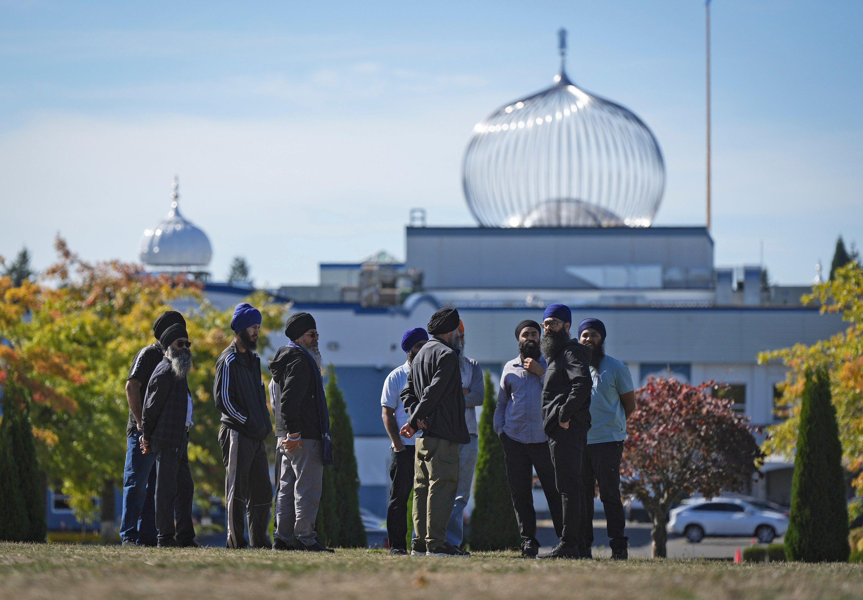 <p>British Columbia Gurdwaras Council members waits to speak after Justin Trudeau’s announcement on Hardeep Singh Nijjar’s death </p>