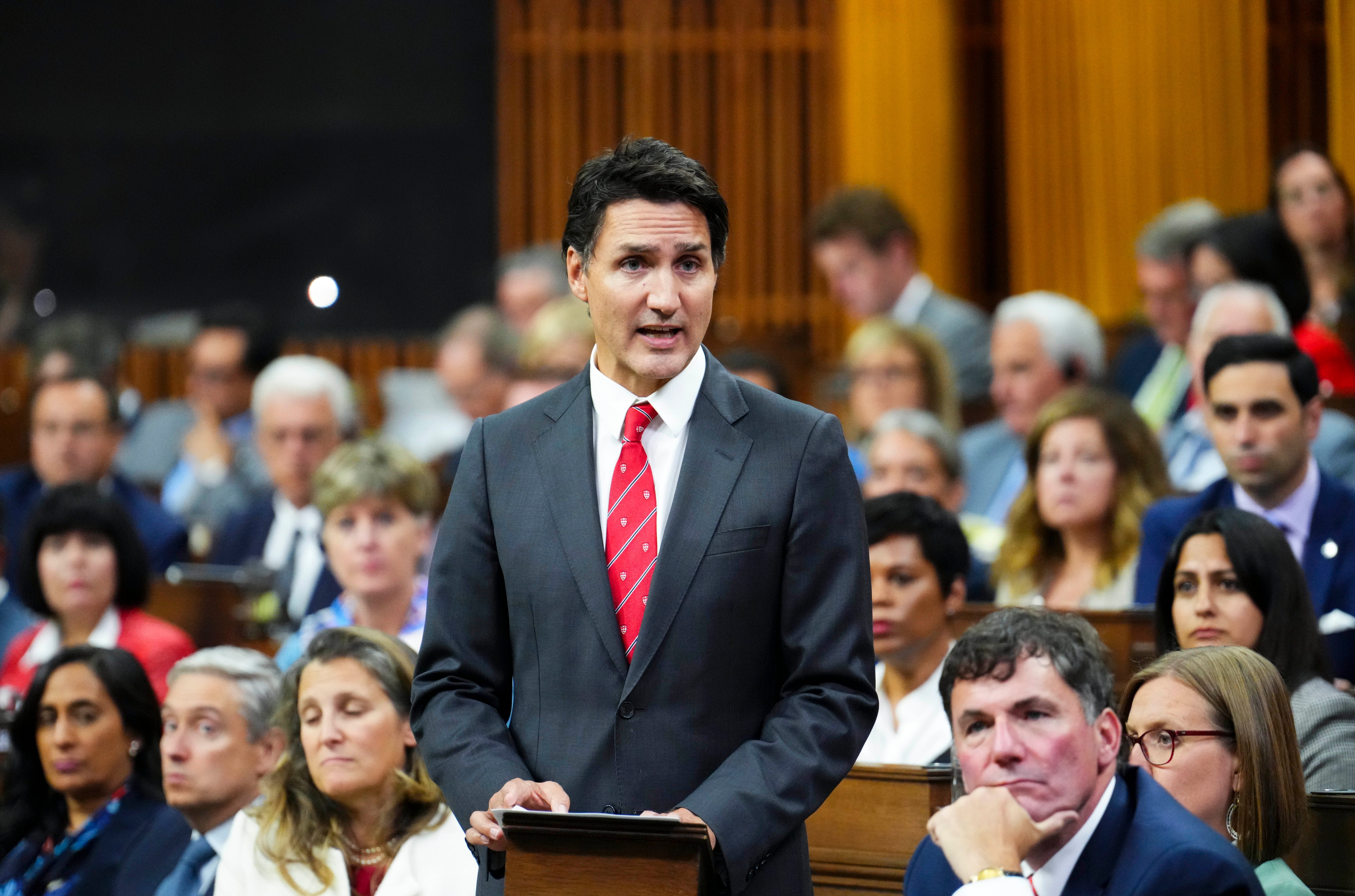 Canada prime minister Justin Trudeau delivers a statement in the House of Commons on Parliament Hill in Ottawa