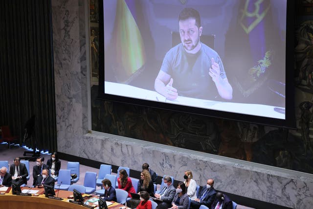 <p>Members of the United Nations Security Council listen as Volodymyr Zelensky speaks during a meeting at the United Nations Headquarters in 2022</p>