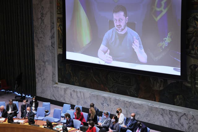 <p>Members of the United Nations Security Council listen as Volodymyr Zelensky speaks during a meeting at the United Nations Headquarters in 2022</p>