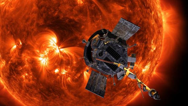 <p>Artist’s concept of the Parker Solar Probe spacecraft approaching the sun</p>