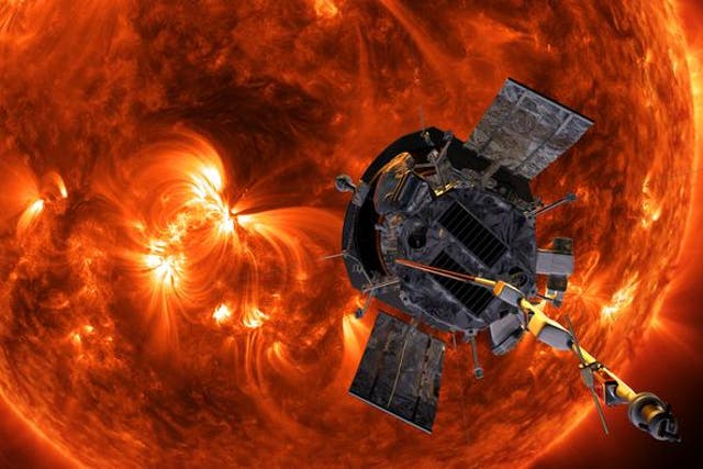 <p>Artist’s concept of the Parker Solar Probe spacecraft approaching the sun</p>