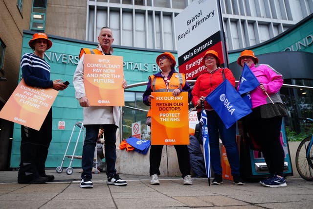 Members of the British Medical Association on the picket line outside University Hospitals Bristol and Weston, amid their dispute with the Government over pay (Ben Birchall/PA)