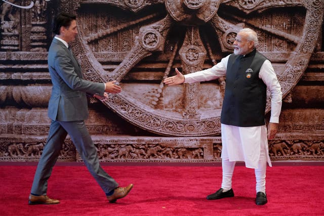 <p>Not so welcome: Narendra Modi greets Justin Trudeau at the G20 in New Delhi earlier this month </p>