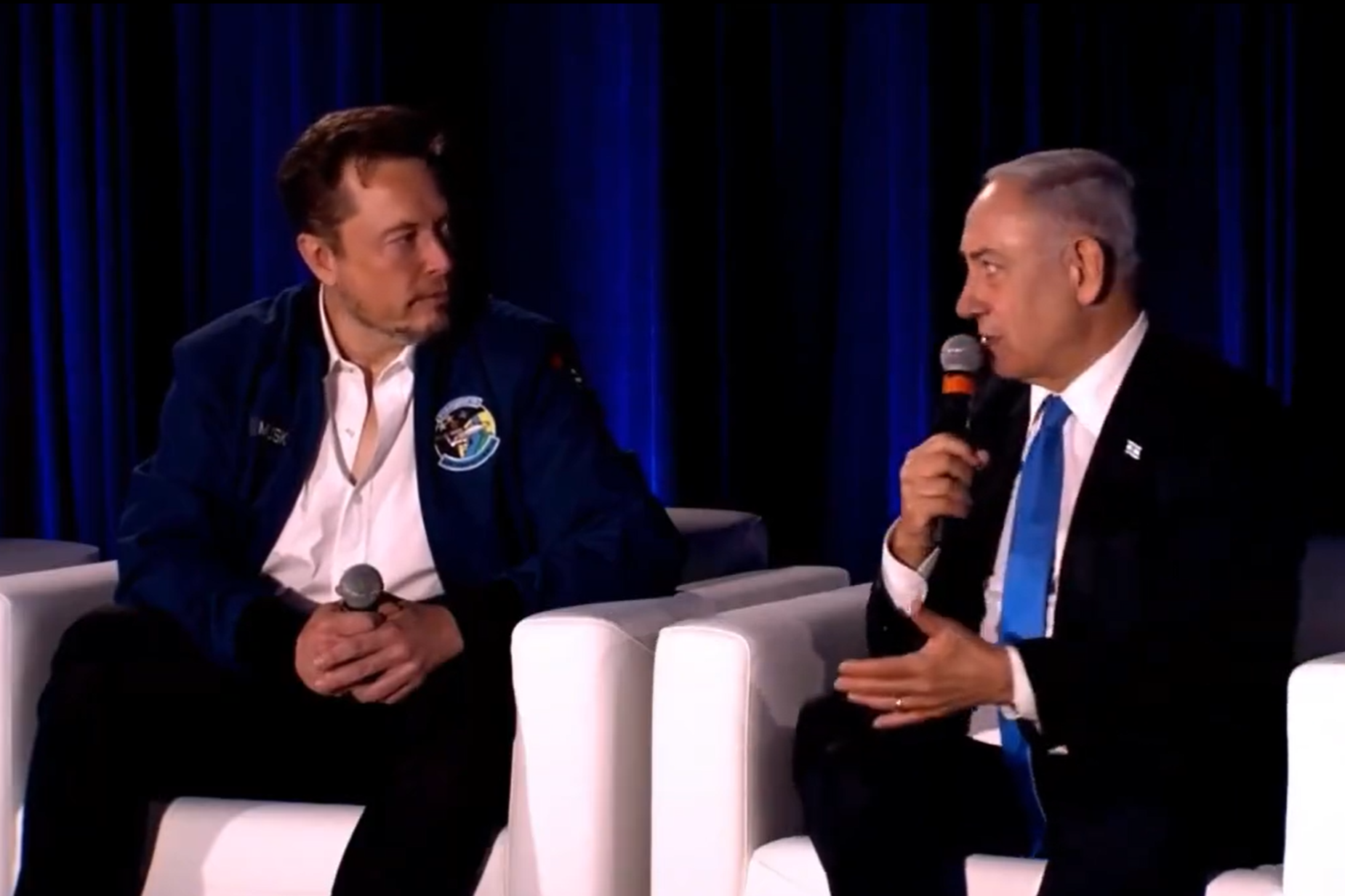 Elon Musk and Benjamin Netanyahu speaking during a discussion broadcast on X, formerly known as Twitter, on 18 September, 2023