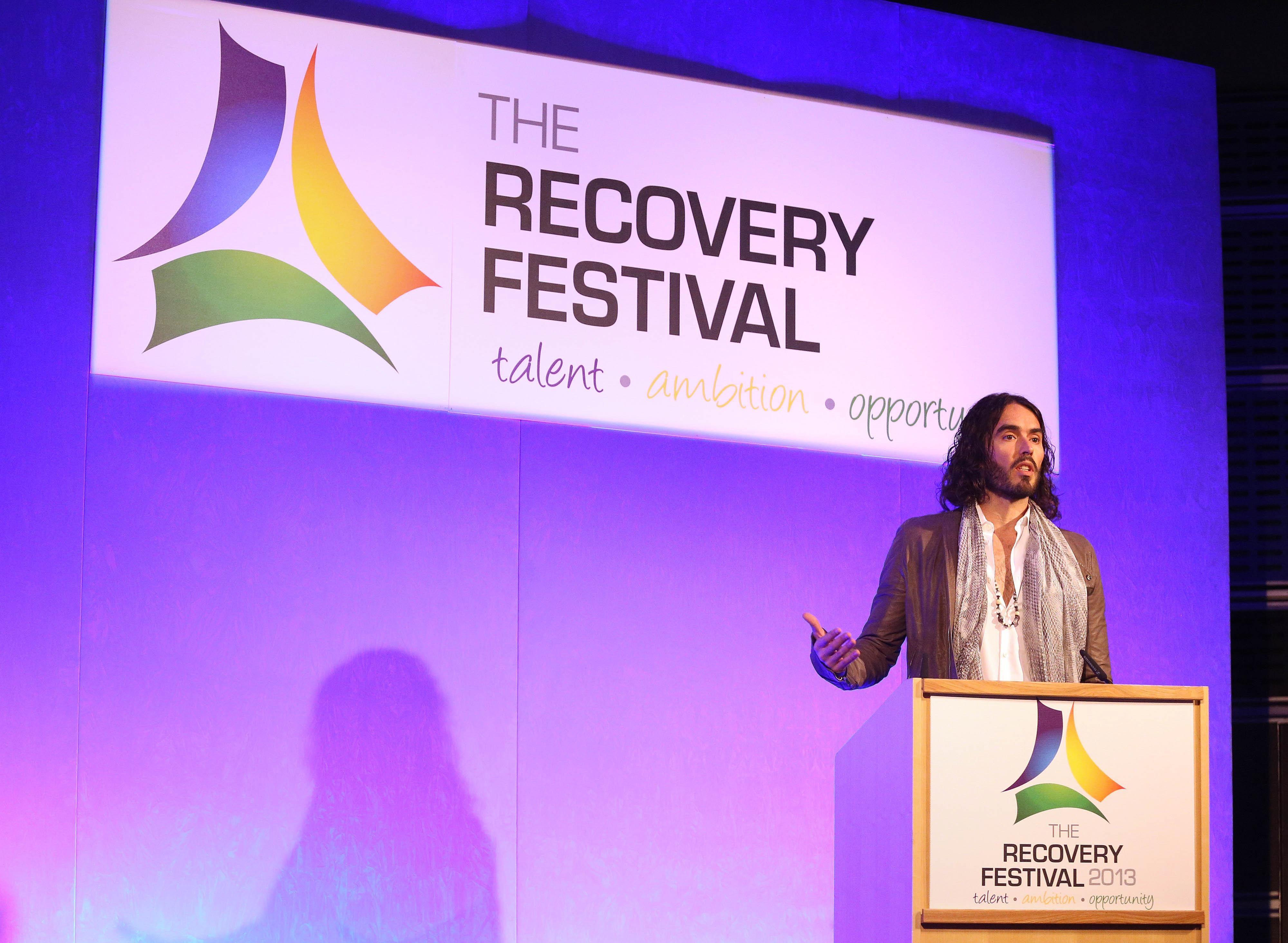 Brand speaks at a recovery event in 2013