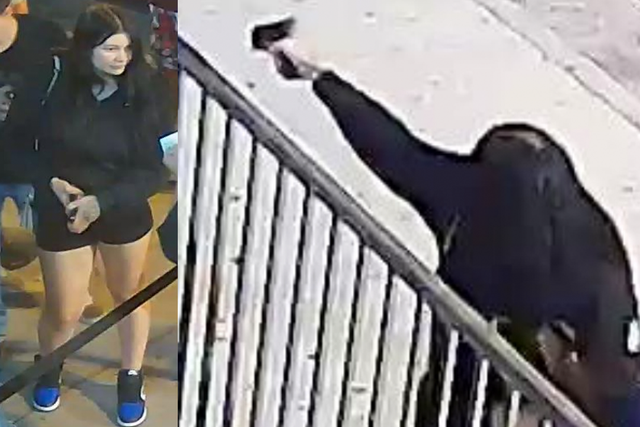 <p>Images of the woman who is suspected to have fired the gun at the five victims have been released by police</p>