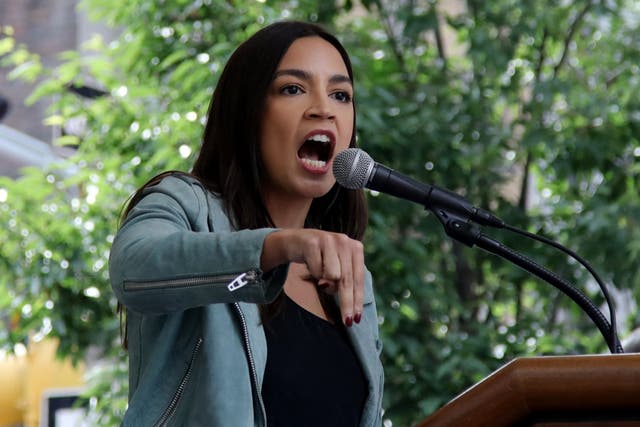 <p>US Democratic Representative from New York Alexandria Ocasio-Cortez speaks at the end of the rally to end fossil fuels ahead of the 78th United Nations General Assembly and Climate Ambition Summit in New York on September 17, 2023</p>