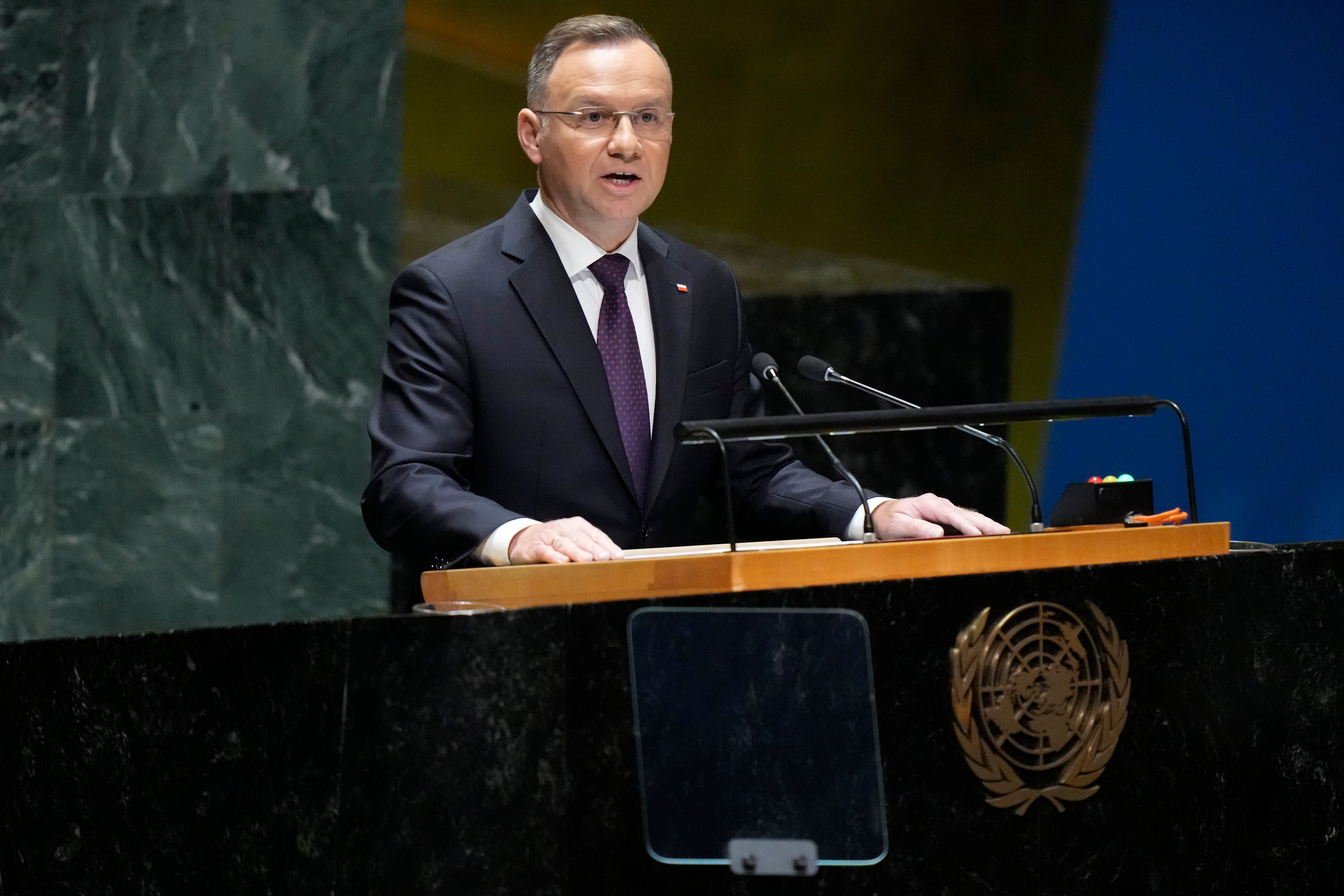 Polish President Andrzej Duda addresses the 78th session of the United Nations General Assembly, in 2023