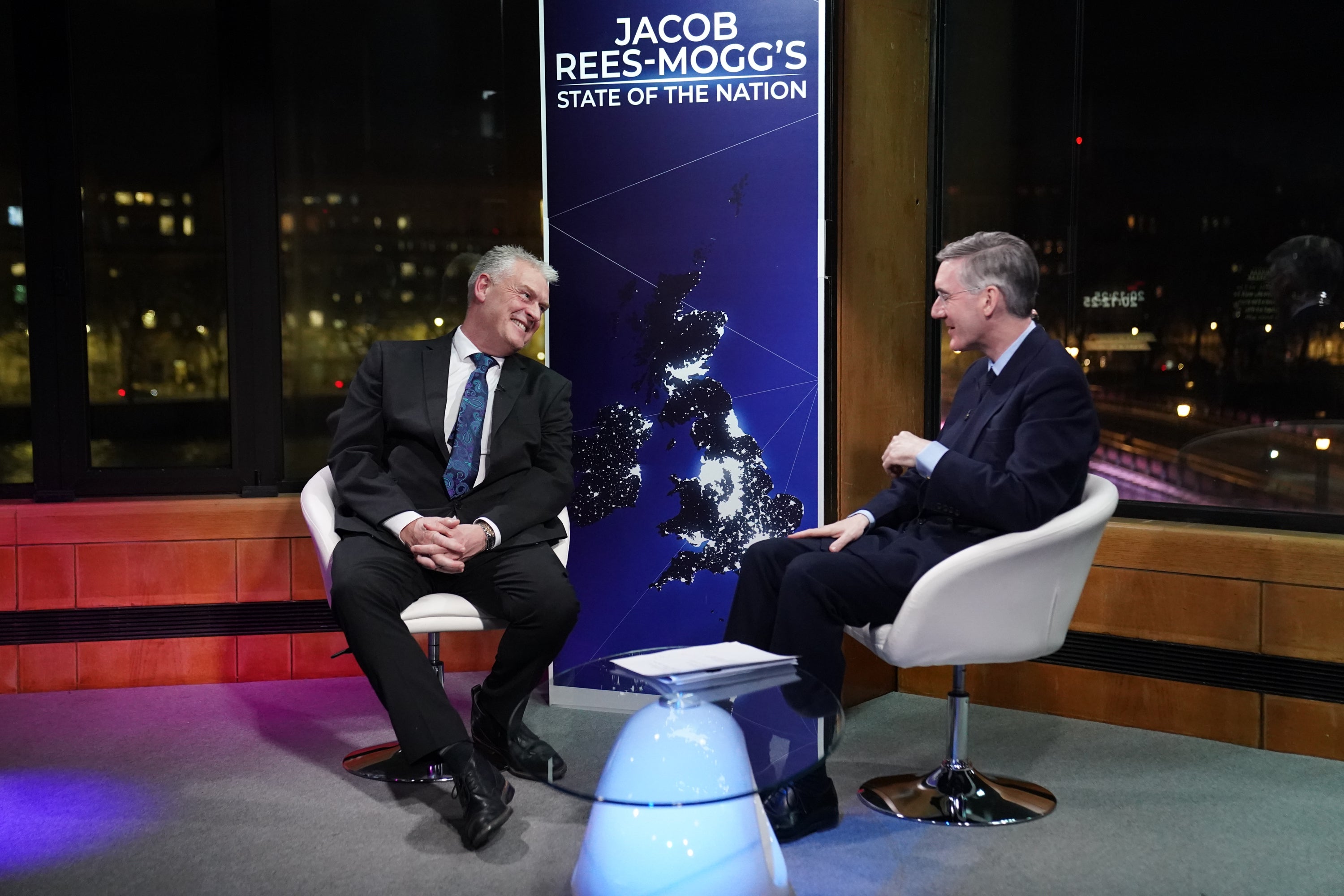 Lee Anderson talks to Jacob Rees-Mogg at GB News during Rees-Mogg’s show Jacob Rees-Mogg’s State of The Nation
