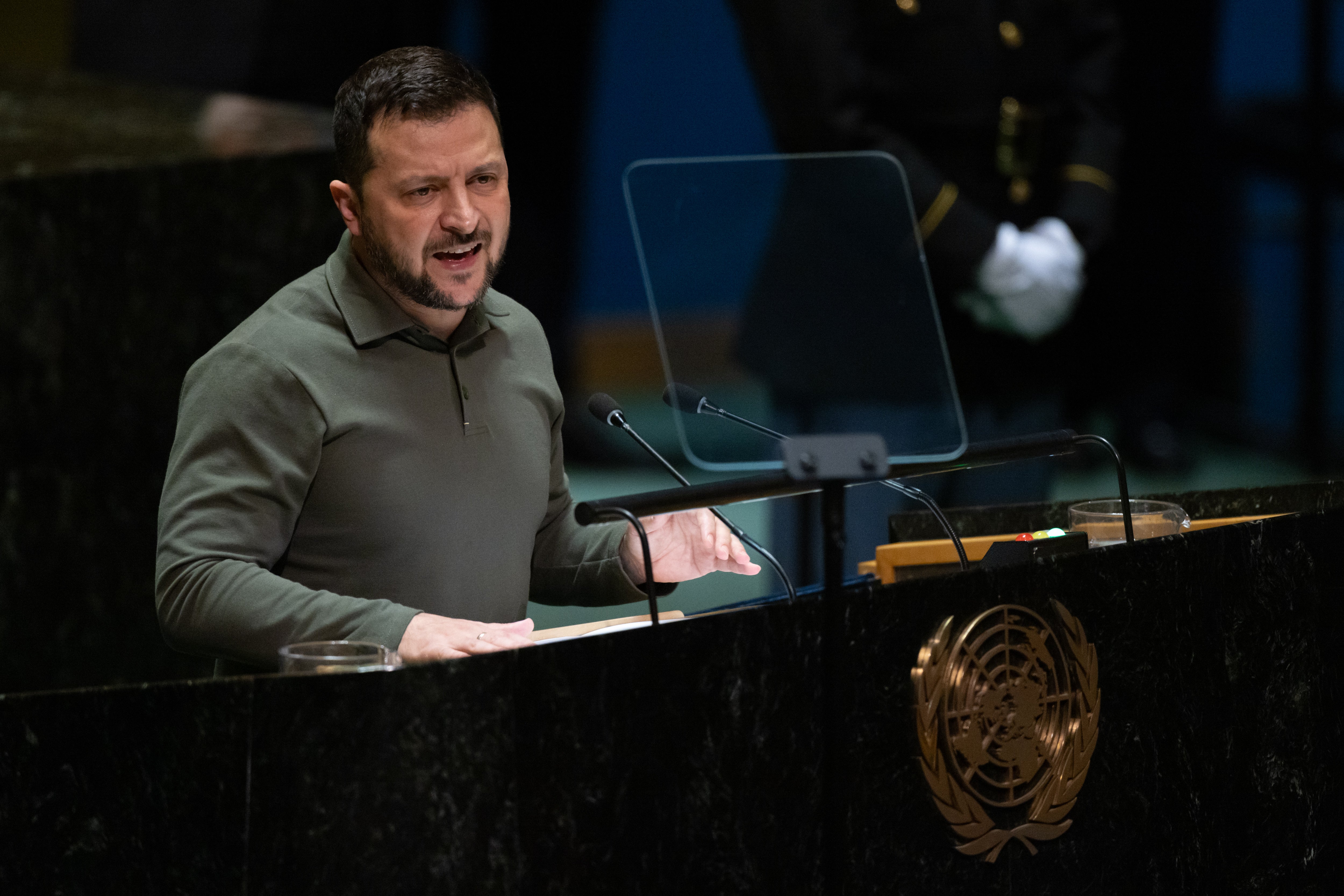 Volodymyr Zelensky addressing the United Nations General Assembly on Tuesday