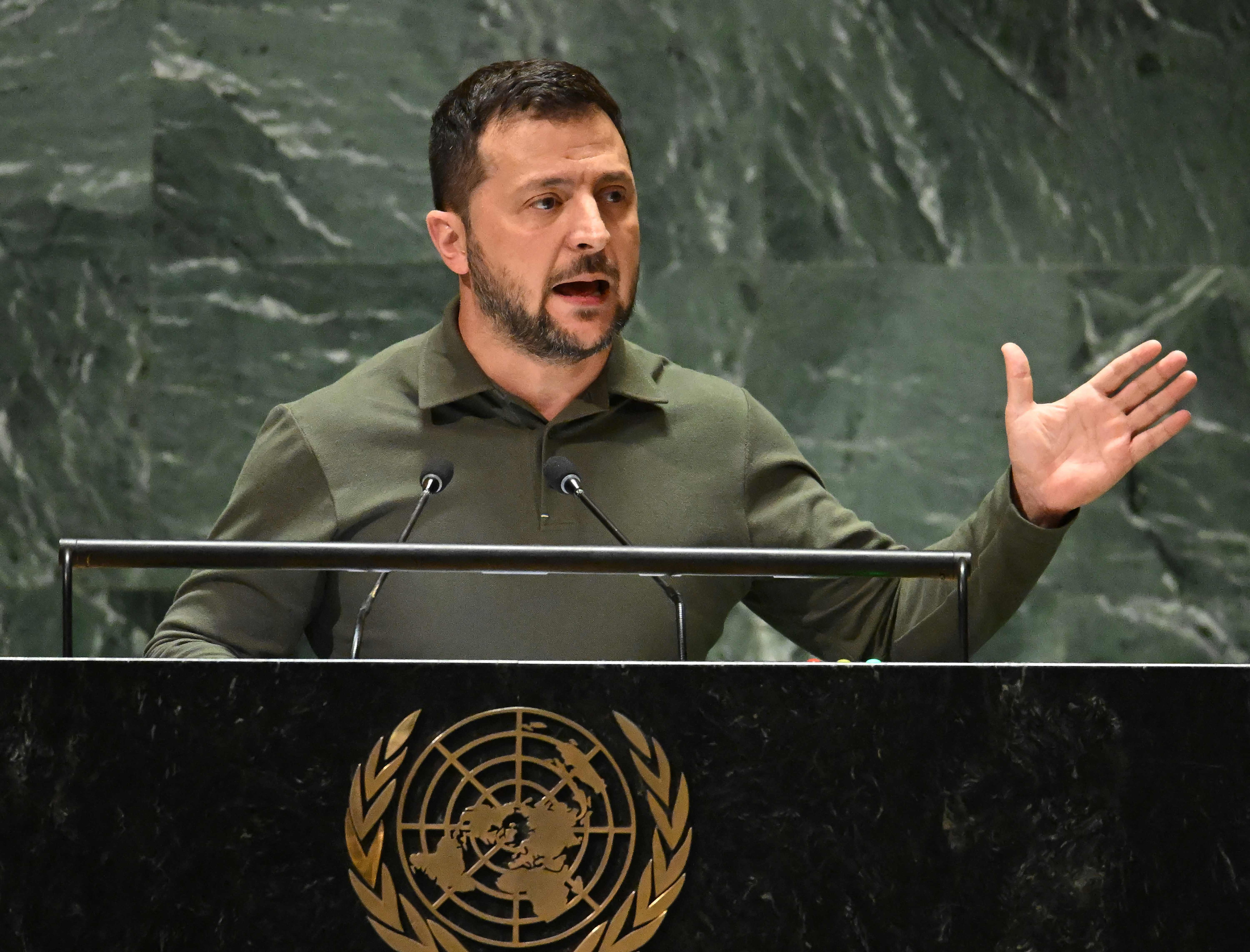 Volodymyr Zelensky at the UN headquarters in New York on Tuesday