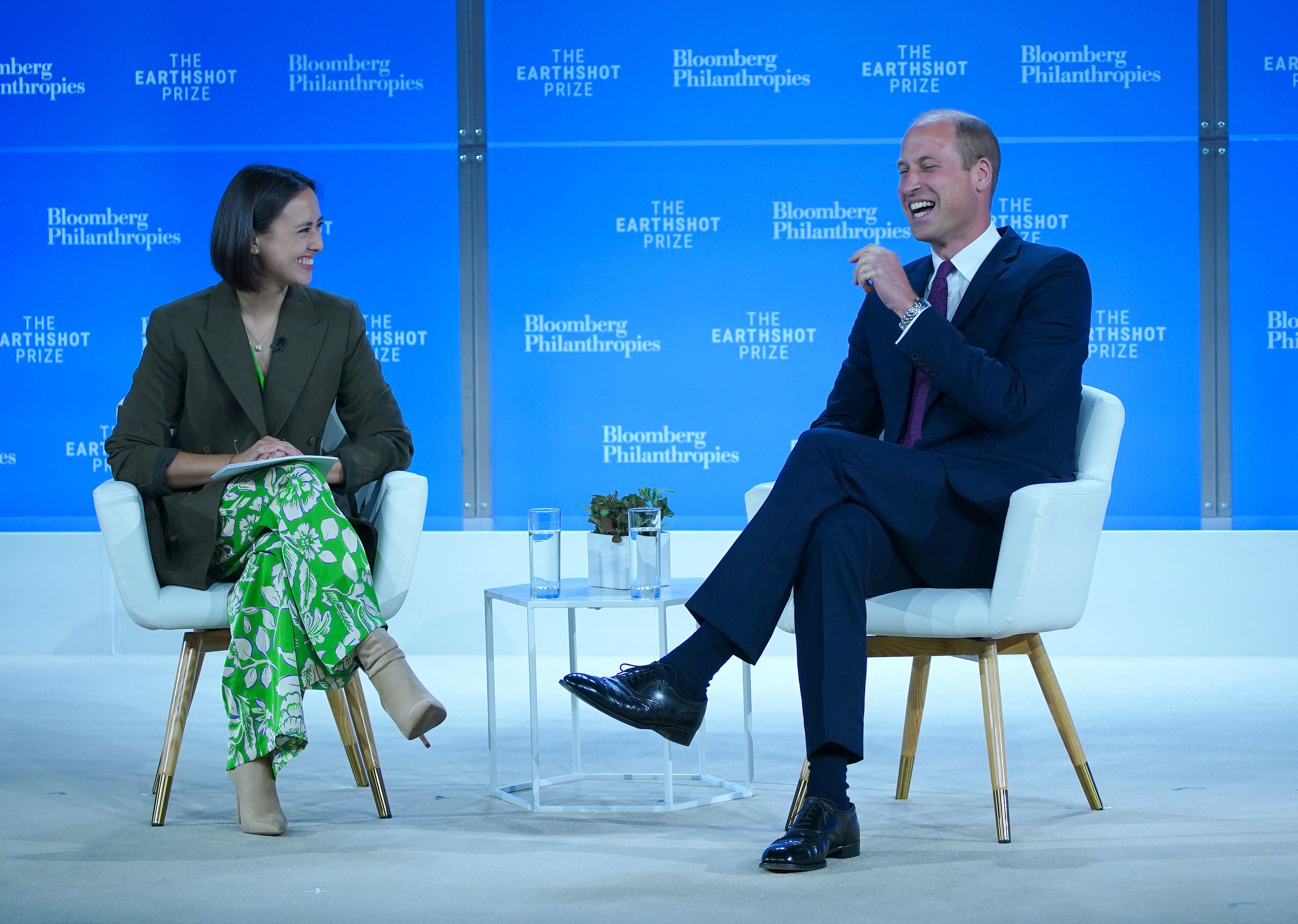 <p>The Prince of Wales speaking to previous Earthshot prize winner, Vaitea Cowan, on stage at the The Earthshot Prize Innovation Summit at the Plaza Hotel on Tuesday during his two-day visit to New York</p>