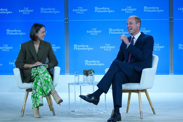 <p>The Prince of Wales speaking to previous Earthshot prize winner, Vaitea Cowan, on stage at the The Earthshot Prize Innovation Summit at the Plaza Hotel on Tuesday during his two-day visit to New York</p>