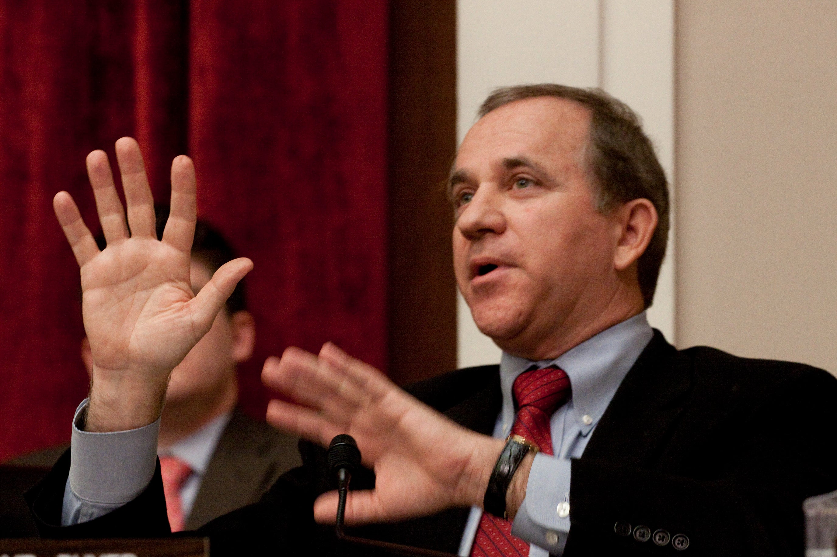 <p>Rep Steve Buyer asks a question during a House Oversight and Investigations subcommittee hearing,  23 Feb 2010</p>