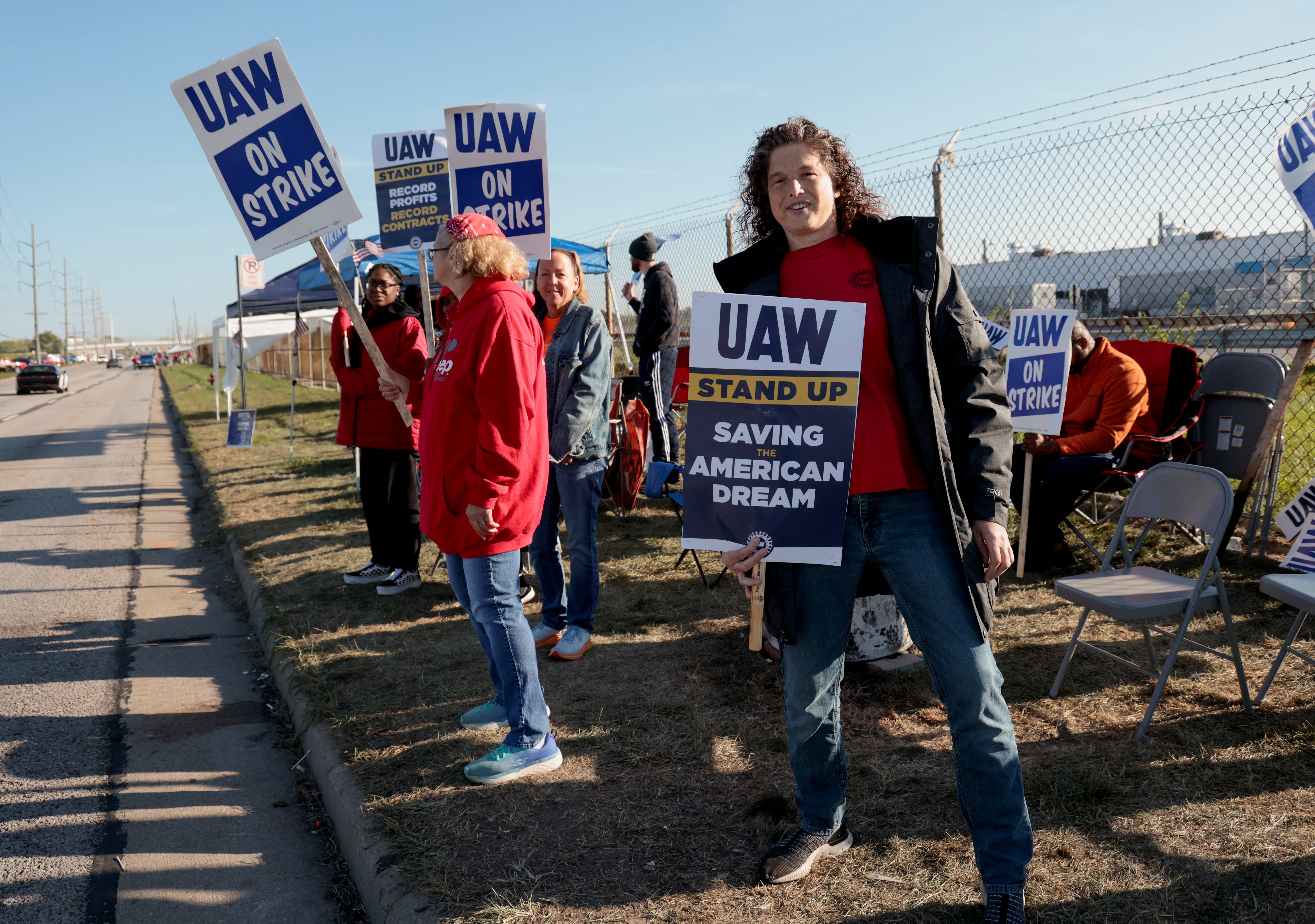 United Auto Workers strike sign outside the Stellantis Jeep plant in Toledo, Ohio on 19 September.