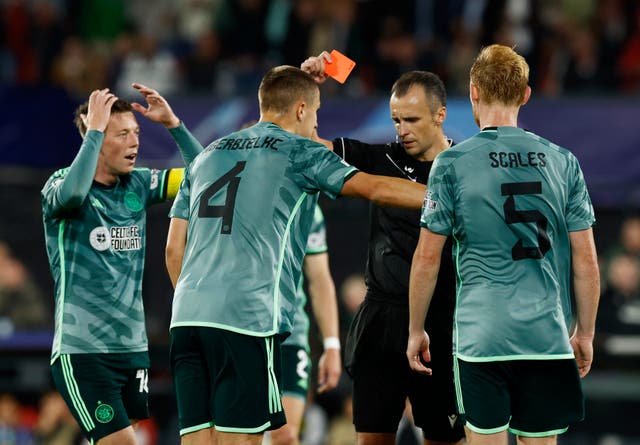 <p>Gustaf Lagerbielke is sent off for Celtic </p>