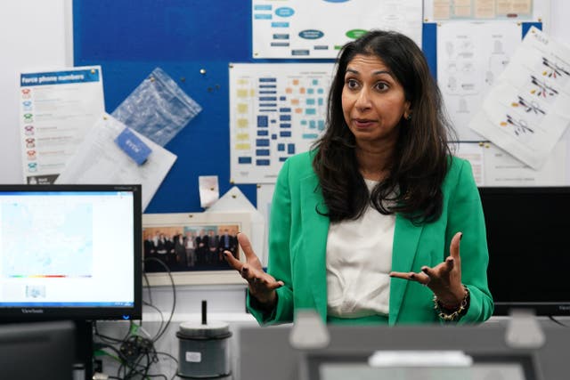 Home Secretary Suella Braverman visits a digital forensics lab at Kent Police headquarters in Maidstone, Kent, ahead of the announcement, where she has urged Meta not to roll out end-to-end encryption on its platforms without robust safety measures that ensure children are protected from sexual abuse and exploitation in messaging channels. Picture date: Tuesday September 19, 2023.
