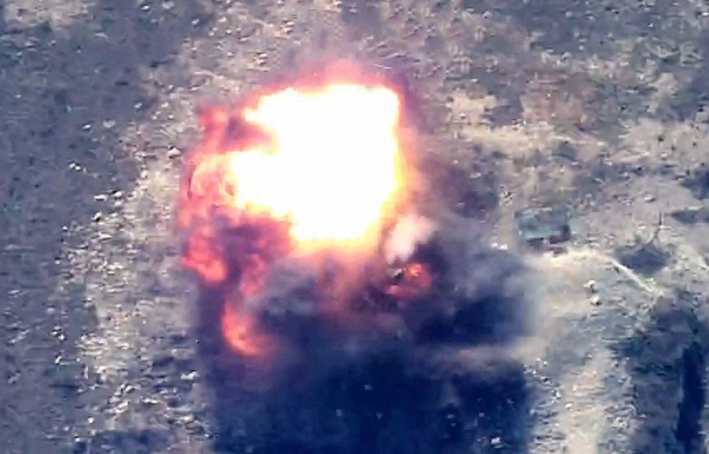 A grab taken from Azerbaijani hand-out footage, claiming to be evidence of forces destroying Armenian positions