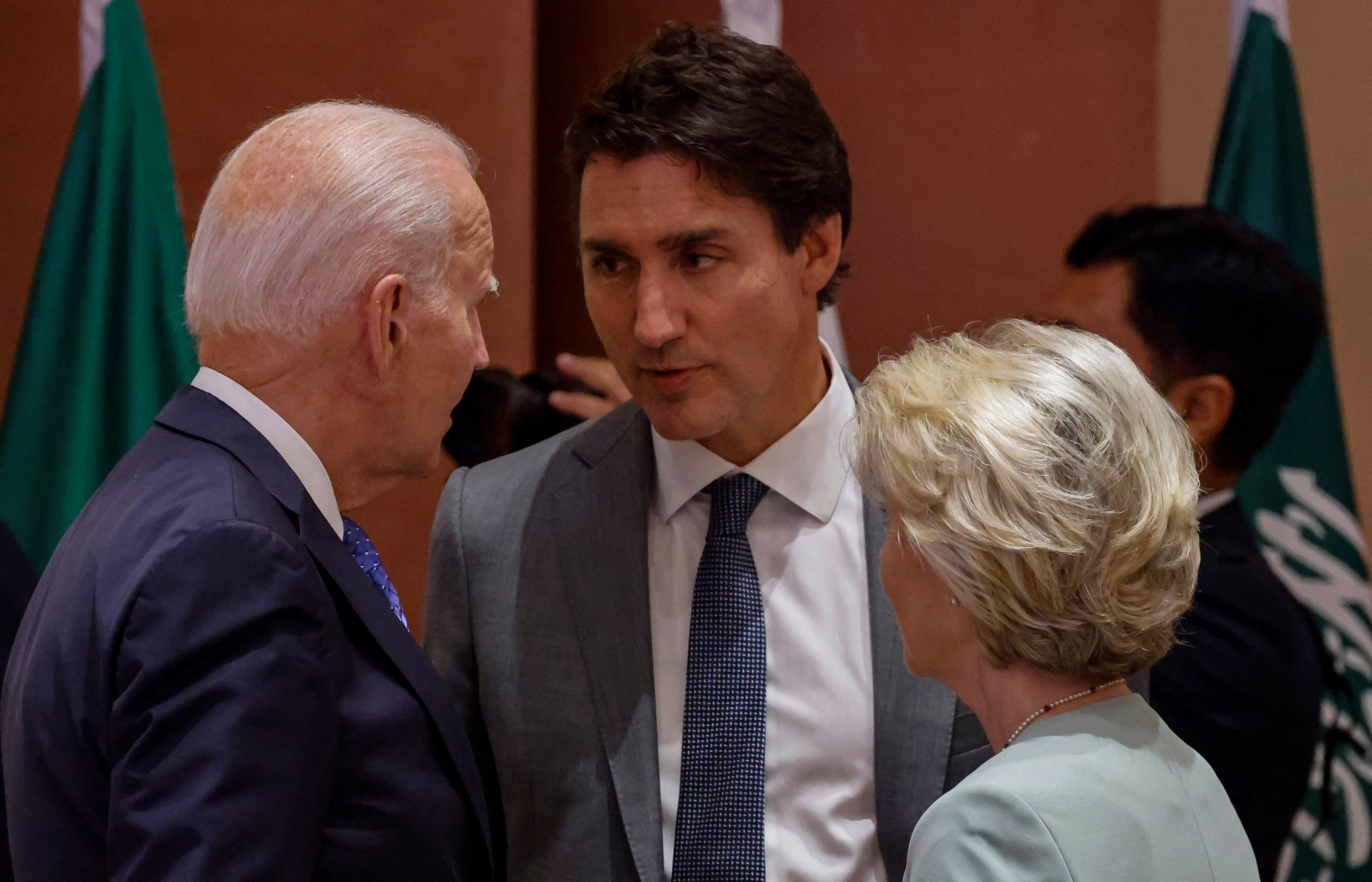 US president Joe Biden (left), Canada’s prime minister Justin Trudeau (centre) and European Commission president Ursula von der Leyen speak with each other at G20 Summit in Delhi