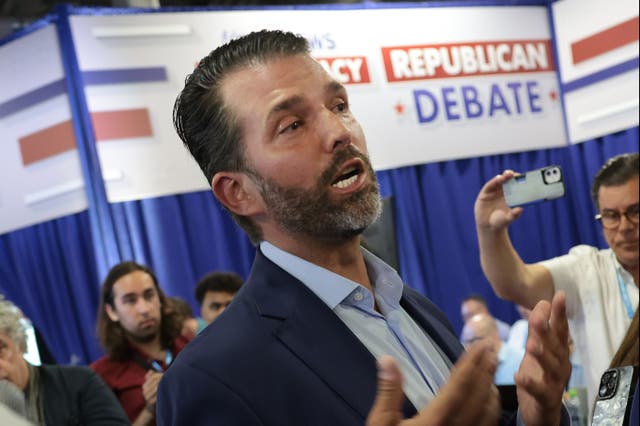 <p>Donald Trump Jr., son of former President Donald Trump, talks to members of the media following the first debate of the GOP primary season hosted by FOX News at the Fiserv Forum on August 23, 2023 in Milwaukee, Wisconsin</p>