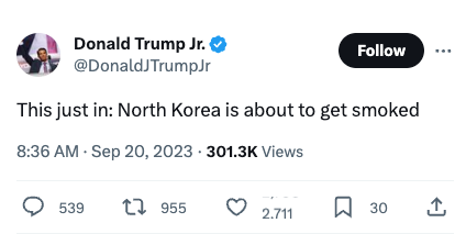 The seemingly hacked account of Donald Trump Jr appeared to suggest that an attack on North Korea was imminent