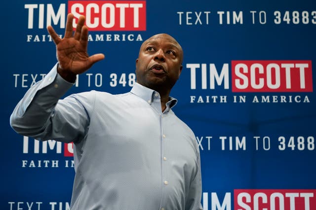 <p>Republican presidential candidate Tim Scott speaks during a meet and greet, Monday,  18 September 2023</p>