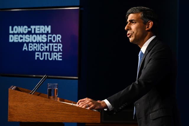 Prime Minister Rishi Sunak delivers a speech on the plans for net zero commitments in the briefing room at 10 Downing Street (Justin Tallis/PA)