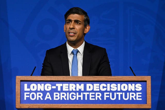 Prime Minister Rishi Sunak delivers a speech on the plans for net-zero commitments in the briefing room at 10 Downing Street (Justin Tallis/PA)