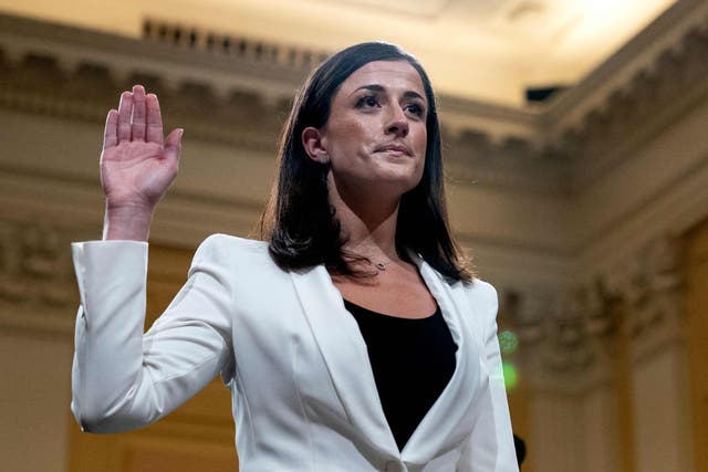 <p>Cassidy Hutchinson, a top aide to former White House Chief of Staff Mark Meadows, is sworn in during the sixth hearing by the House Select Committee to Investigate the January 6th Attack on the US Capitol, in the Cannon House Office Building in Washington, DC, on June 28, 2022</p>