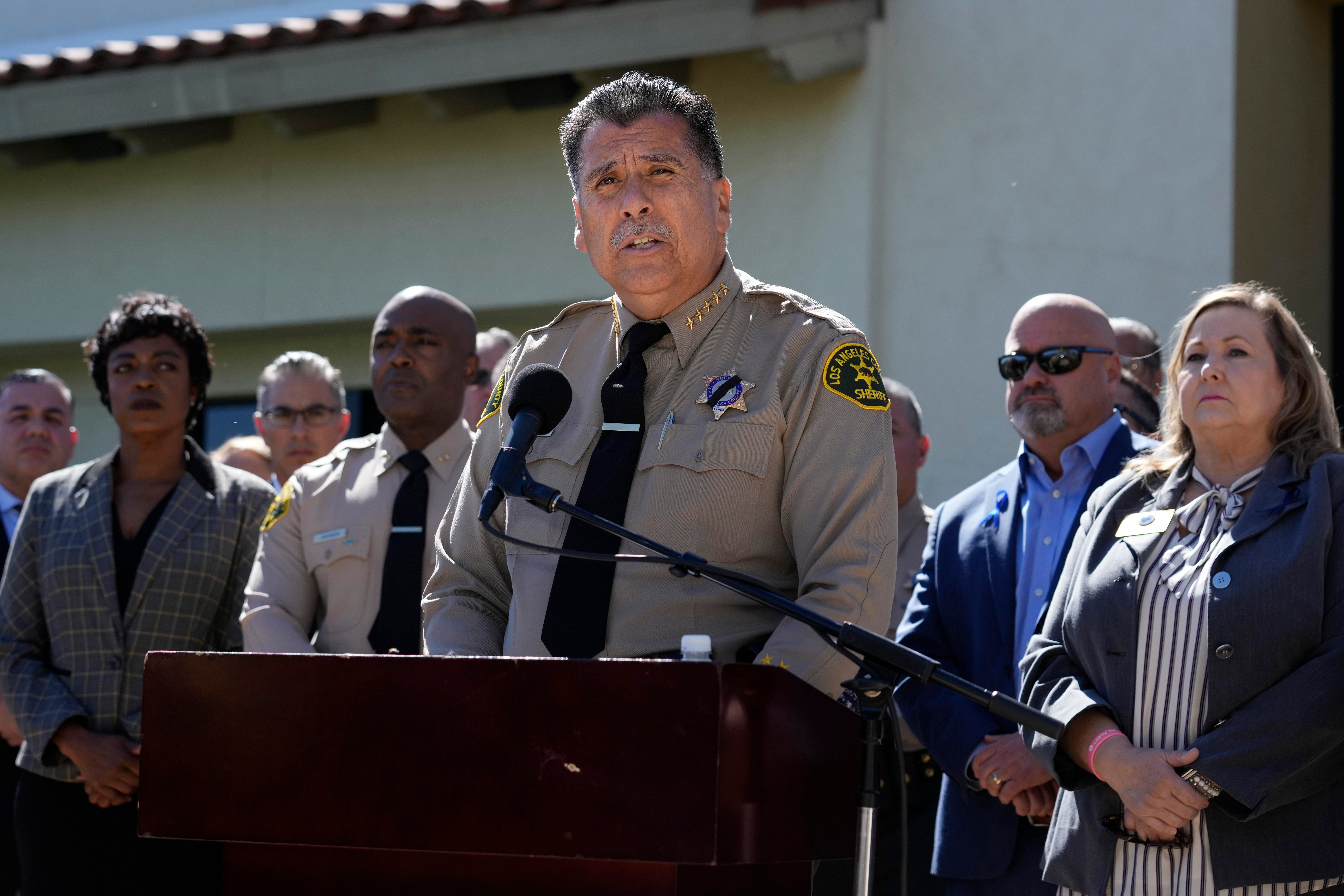 Los Angeles County Sheriff Robert Luna speaks during a press to announce an arrest in the ambush killing of sheriff's deputy Ryan Clinkunbroomer Monday, Sept. 18, 2023, in Palmdale, California